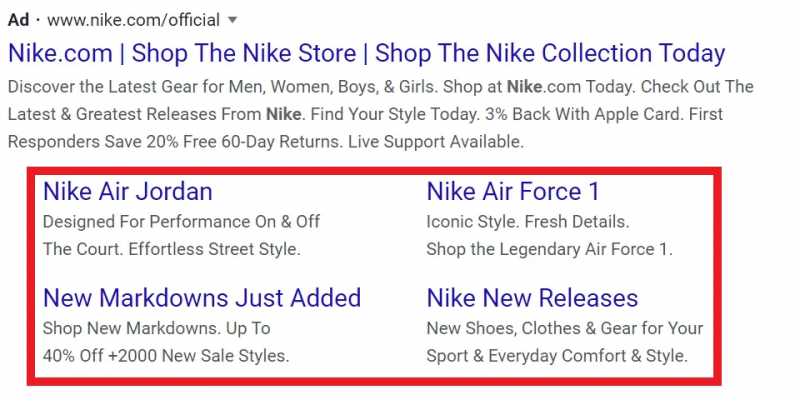 Hình 8: Một trong những mẫu quảng cáo Google hiệu quả của thương hiệu Nike nhờ sử dụng sitelink
