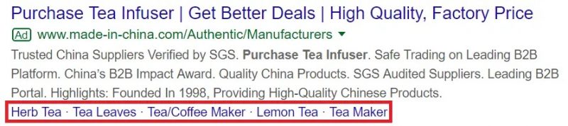 Sitelink hiển thị dưới quảng cáo chính khi tìm kiếm "dụng cụ pha trà"