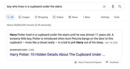 Hình 1: Kết quả hiển thị cho tìm kiếm “boy who lives in a cupboard under the stairs"