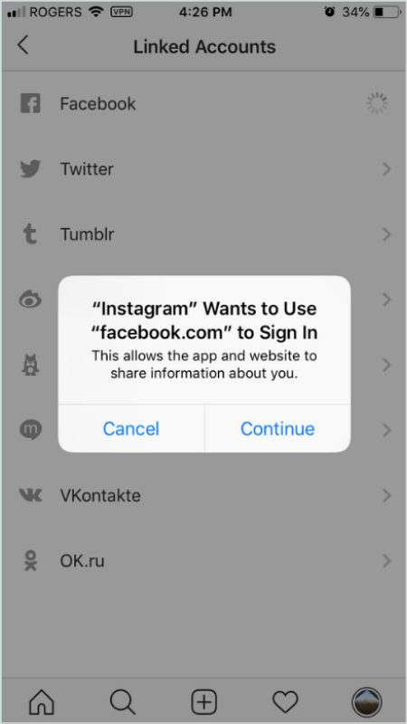 Hình 14: Bấm chọn "continue" (tiếp tục) để cho phép Instagram truy cập vào Facebook