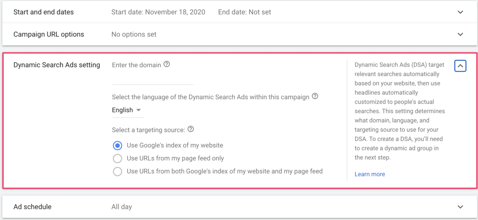 Hình 11: Nhấp vào Enable Dynamic Search Ads để bật Quảng cáo tìm kiếm động cho chiến dịch
