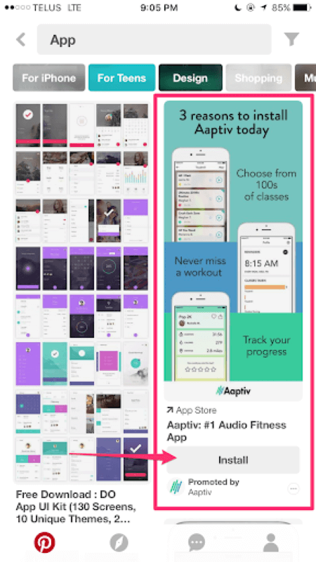 Ghim ứng dụng được quảng cáo cho phép người dùng có thể tải ứng dụng từ các app store mà ko6ng cần rời khỏi Pinterest