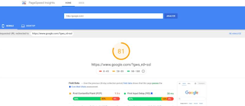  Google PageSpeed ​​Insights cho phép người dùng đánh giá website trên thang điểm từ 1 đến 100