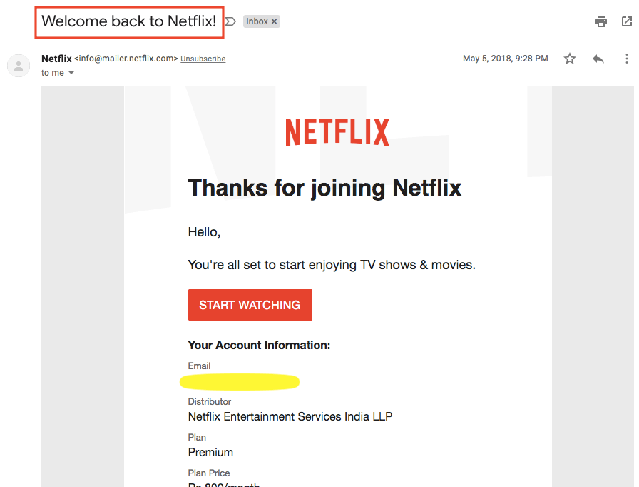 Hình 1: Email chào mừng từ Netflix được gửi đến khách hàng ngay sau khi khách hàng mua gói cước