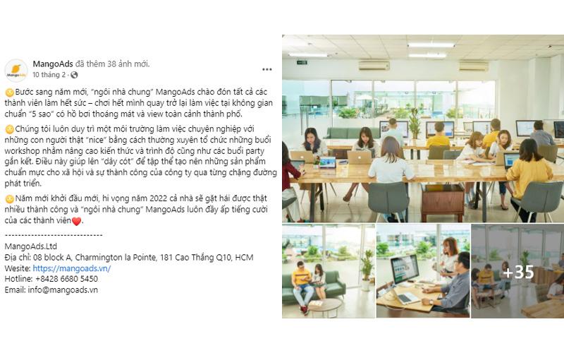 Hình 3: MangoAds chia sẻ hình ảnh về không gian làm việc “5 sao” trên Facebook